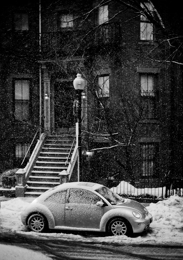 Boston: "Home, Sweet Home" - I was waiting 10 minutes in wet snow for someone to walk into my composition to the right of this picture when I turned left and saw this house with the VW in front. I had been walking for two hours in wet snow and my face, hair, glasses, camera and viewfinder were so wet I could hardly focus. I shot two frames of this and then turned back to wait for someone walking in to my composition.