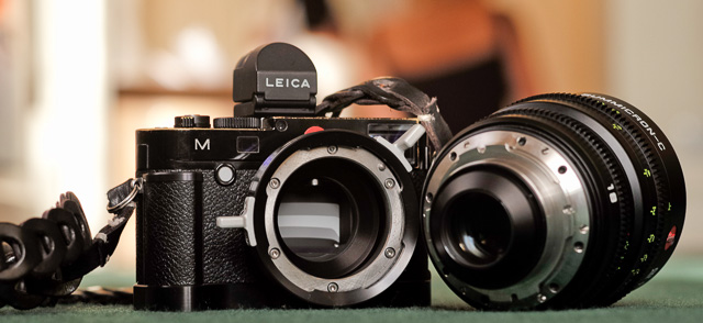 My Leica M240 with the Leica M PL Mount Adaptor and Leica Cine 18mm Summicron-C f/2.0. The lens is put into the PL mount and locked in place with the aluminum handle you see sticks out.
