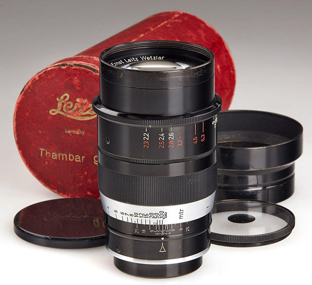 When you have explored the Leica M lenses, you may start exploring the less expensive and/or the more rare and expensive Leitz Screw Mount lenses. One of the exotic ones is this Leitz 90mm Thambar f/2.2 that was deliberately made to create "blurry portraits". The complete set (as above) consist of the original red box, lens cap, lens shade and the special soft focus filter with a black dot in the middle. They exist with the focusing scale in either Meter or Feet. Only 3,500 or less were made from 1934-1940, from serial number 226001 to 540500 and the price usually starts from $3,000. I've been there, done that, as you can read more about in my article here: "Leitz 90mm Thambar f/2.2". 
