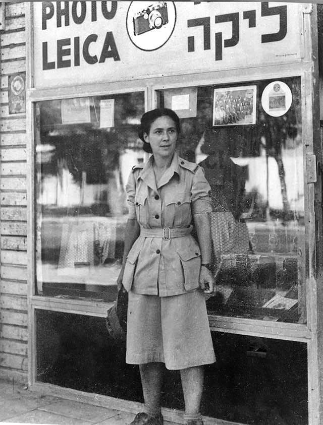 Rachel Levy in front of the Tel Aviv Leica Store in 1942. She is wearing the ATS uniform (women's branch of the British Army during the World War II and later merged into the Women's Royal Army Corps).  