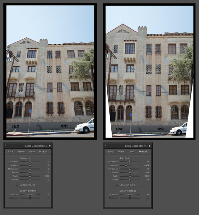 Perspective correction in Adobe Lightroom. © 2017 Thorsten Overgaard.  Perspective correction - In software like Adobe Lightroom there is often a feature to correct perspective (and distortion) like seen below. You can change perspective this way, or at least make believe: If you correct a tall building on teh vertical lines, you will notice that the height of the windows doesn't match the perspective. If the building is with straight lines, the windows should all be of the same size. But a tall building seen from below and corrected with software will have taller windows (closer to camera) in the bottom than in the top (further away from the camera originally).