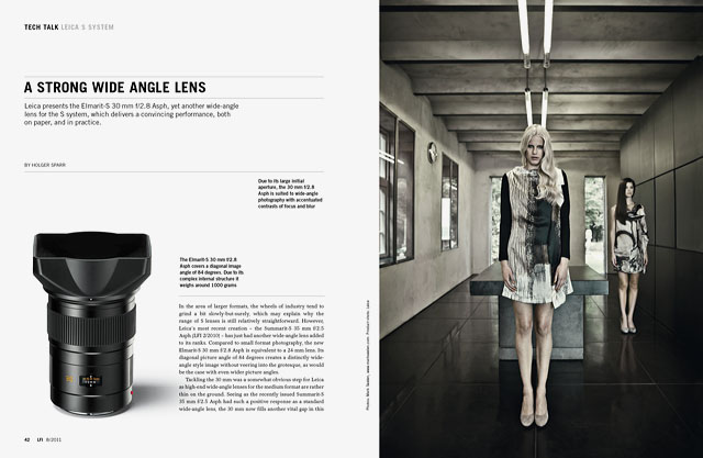 The LFI (Leica Fotografie International) 08/2011 brings a test and article about the new 30mm Leica Elmarit-S ASPH f/2.8 lens.
