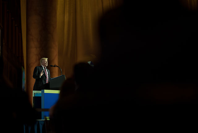 One of my planned angles from a location amongst the tables. President Donald Trump speaking. Leica M10 with Leica 75mm Noctilux-M ASPH f/1.25. © 2018 Thorsten von Overgaard.