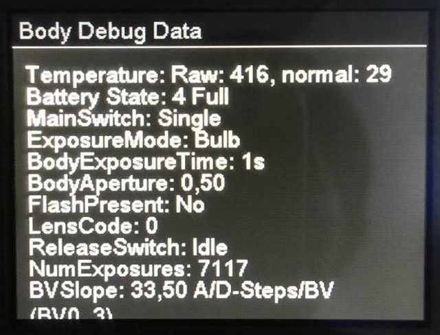 Body Debug Data: Push the Delete button, push the UP x 2 (on the Central Setting dial for navigation), push the DOWN x 4, push the LEFT x 3, push the RIGHT x 2; then push Info button.   