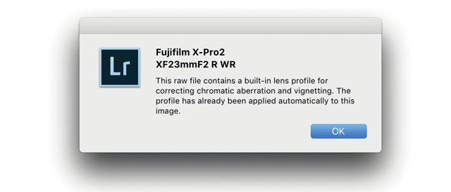 SDC (Software Distortion Correction): In Lightroom the correction profile for the Fujinon 23mm is applied automatically and cannot be turned off. If you go into Develop mode in Lightroom and look under Lens Correction > Profile, you will see a message in the bottom with an exclamation mark. When you click on that, you get the message above.