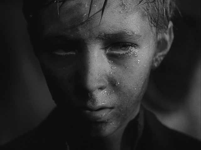 The edge light from outside the frame here adds highlight and shape to the water drops, as well as texture to the skin. Ivan's Childhood (1962, cinematography by Vadim Yusov, directed by Andrei Tarkovsky (and Eduard Abalov).