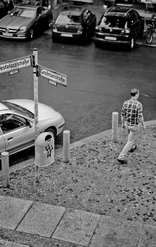 A photo by one of the students who did my Berlin Workshop, Jon Popowich, of the street corner below the window. Leica M9 (2009) with Leica 50mm Summilux-M ASPH f/1.4 (2006). 