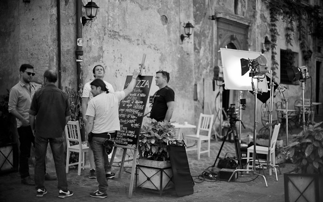 On the set in Rome. Producer and director Reid H Bangert left with the local Rome fixer, light grip and second camera operator Zach Dierks. RED Scarlet and RED Epic cameras, ARRI daylight lamps, Sennheiser 416 shotgun microphone with Sound Devices 702 recorder. Photo: Thorsten Overgaard. 