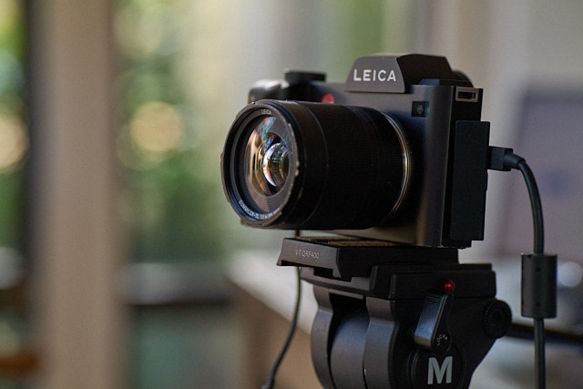 My Leica SL camera (24 MP/4K) with the Leica 35mm Summilux-TL ASPH f/1.4 (on a tripod with USB-C power supply and connection for wireless microphone). 