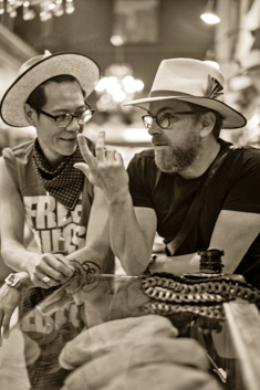 Hat designer Van Huynh and Thorsten von Overgaard at JJ Hat Center in New York. Photo: Brian Shimansky.