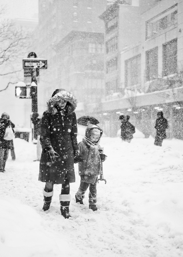 Mother and son exploring a New York covered in show after the "Snowzilla" Leica SL with Leica 50mm APO-Summicron-M ASPH f/2.0. © 2016 Thorsten von Overgaard.   