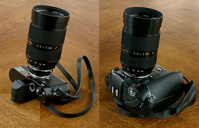 The 35-70mm Vario-Elmarit-R ASPH f/2.8 Macro on the Leica M240 (left) and on the Leica R8 (right). 