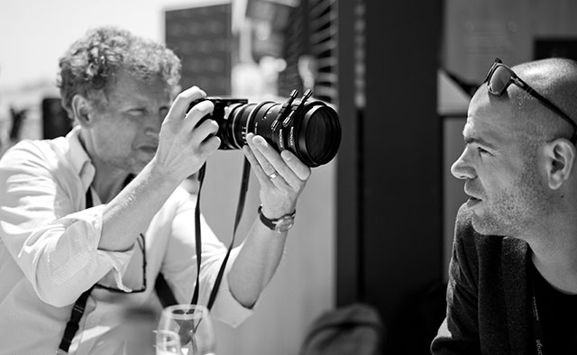 French cinematographer Guillamue Deffontaines at the Cannes Film Festival 2016 with Emmanuel Froideval from Leica France. On the camera is the Leica 100mm Summilux-C f/1.4 from Leitz Cine with two Macrolux 1X adapters on the front. © Thorsten Overgaard.