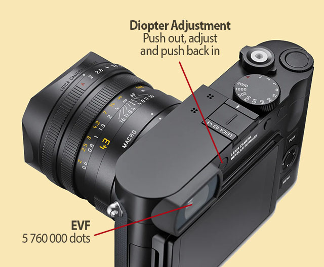 Adjust the Diopter Adjustment on the Leica Q3 43 so the image is sharp (not the info text). 