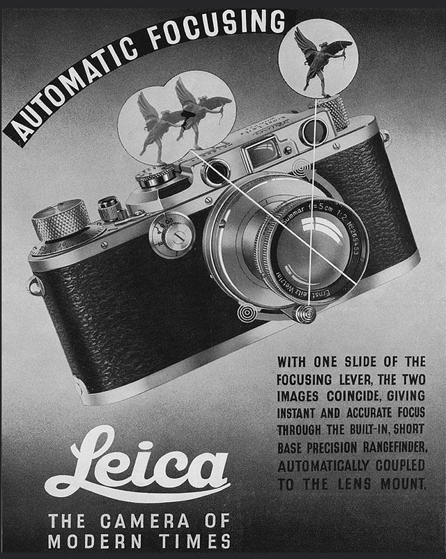 A Leica ad from the 1940s talking about autofocus. In all justice it should be said that Leica Camera AG in fact invented AF in the 1970's but decided nobody would want it - and sold the patent. 