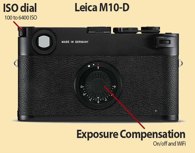 On the Leica M10-D (2018), the ISO dial is on the top left, and the dial on the back had on/off and WiFi, but mainly an exposure compensation dial.