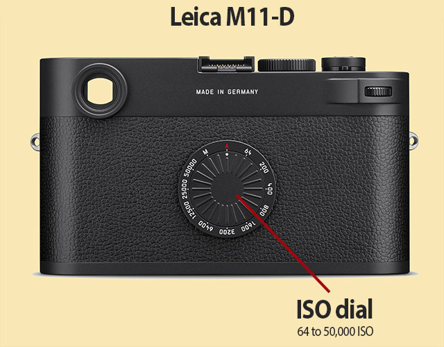 On the Leica M11-D (2024), the ISO dial has moved back to the back of the screen-less camera, a nod to the series of Leica film camera models. Why they would go through the work removing the ISO dial on top I don't know. They could have kept is as on the Leica M10-D with ISO on top, exposure compensation on the back. But I guess they had to use the thumbs wheel for something. 