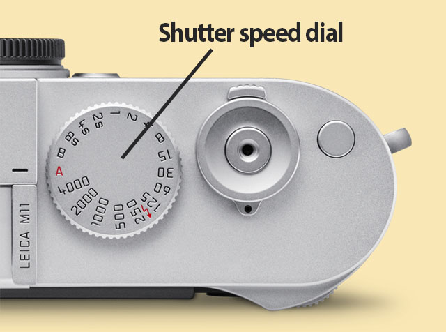 Leica M11. Shutter speed dial set to A (Aperture priority where the camera automatically suggest an shutter speed based on the aperture of the lens). The other settings are manual shutter time settings. "B" is short for Bulb where the shutter is open for as long as the shutter release is pressed (max 60 minutes in the Leica M11). The little "thunder symbol" between number 250 and 135 is a symbol indicating that this is the flash synchronizing setting (1/180th of s a second). 