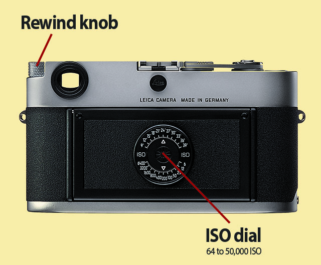 The Leica MP film camera (2002) has the rewind knob top left, and the ISO dial on the back of the camera. 