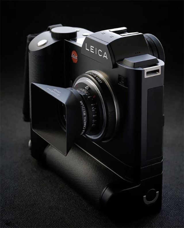 The Leica SL (2015) digital camera with SL. Here shown with battery handgrib on the bottom, and Leica L to Leica M adapter and a 28mm f/5.6 Leica M lens. 