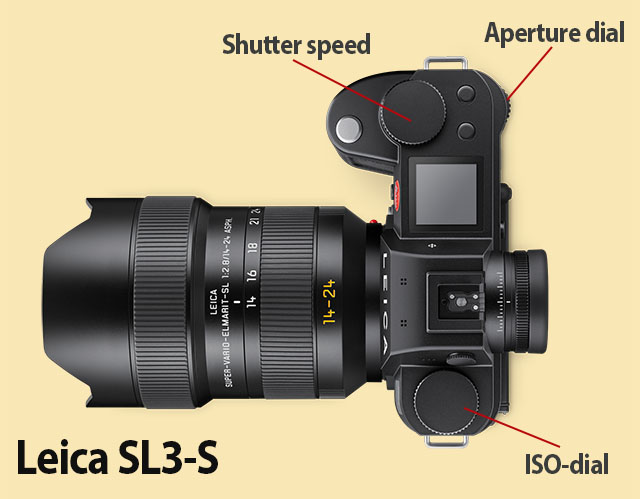 Leica SL3-S now feature all controls on the outside as well: ISO, aperture and shutter speed. Each dial can be reprogrammed to any other function, but the default layout is this one. 