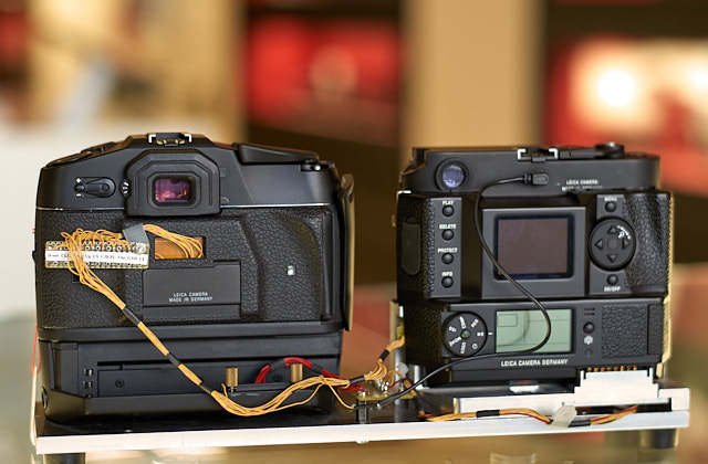 The Leica M7 and DMR test bench where the digital DMR back is mounted on the Leica M7 and triggered from the R9 camera.