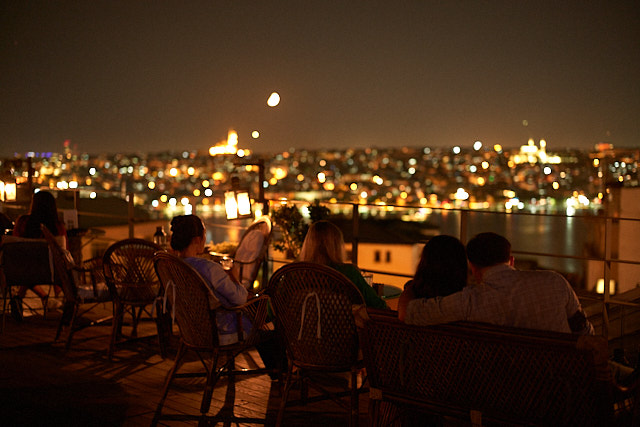The rooftop of Soho House in Istanbul with the moon above Istanbul. Leica M10-P with Leica 50mm Summilux-M ASPH f/1.4 BC. © Thorsten Overgaard. 