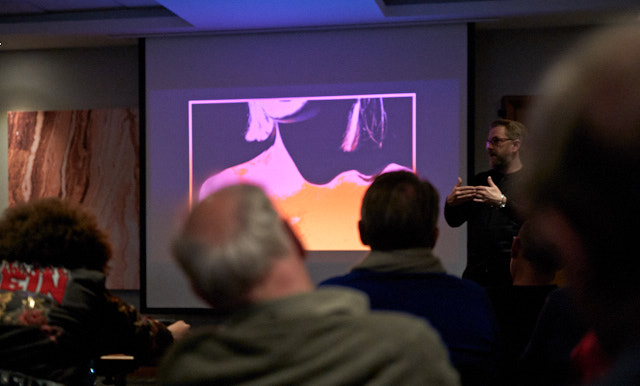 Thorsten Overgaard speaking at The Leica Society in London. I sent around my cameras and prints in the audience during the talk. Photo by audience. 