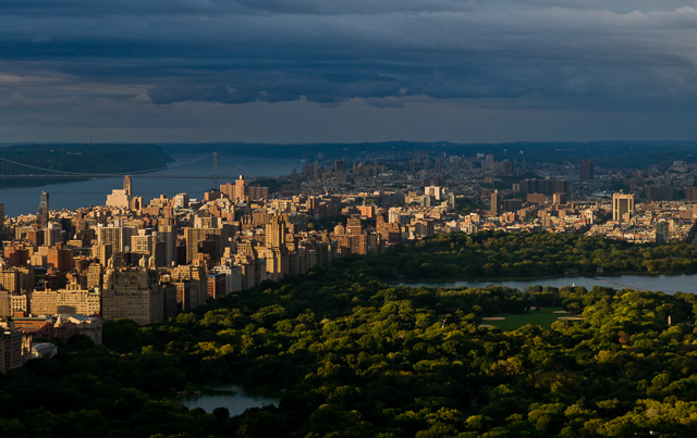 The view over Central Park in New York at sunset. You can easily tell the warm sunlight from the cold shadows, plus reflections of the cold water to the sky and back down. Leica M 240 with Leica 75m Summilux-M f/1.4.