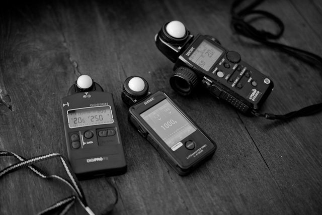 Gossen Digipro F2, Sekonic Litemaster Pro L-478DR and Sekonic L-758 DR lightmeters