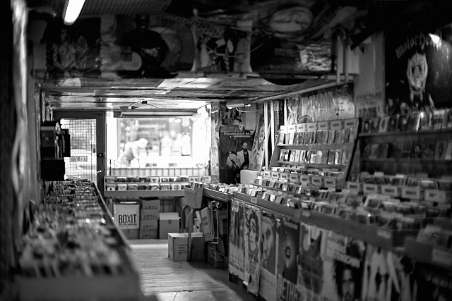 One of the oldest - and still remainning - record stores inn Denmark. Pladekisten. Held together with old music posters and Scotch tape. Leica M10-P with Leica 50mm Noctilux-M ASPH f/0.95. © Thorsten Overgaard. 