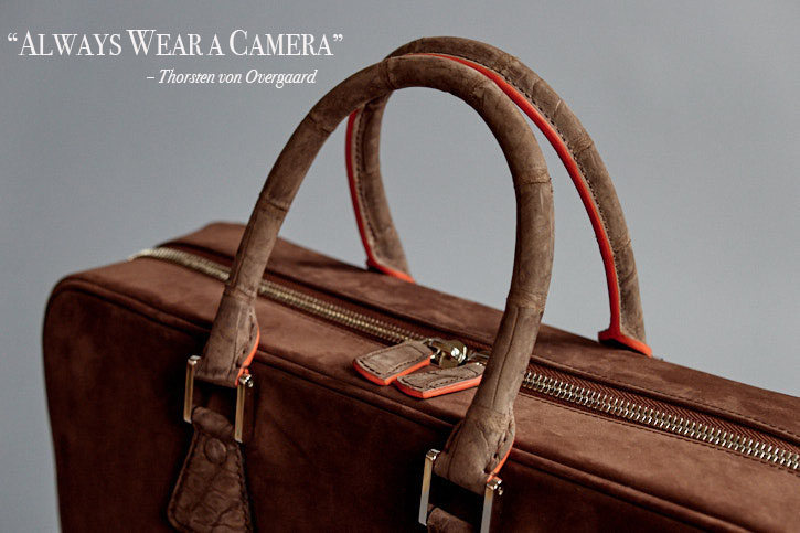 A travel bag, for cameras. Designed by Thorsten von Overgaard. Soft Italian Waterproof Suede Leather with Croc Details