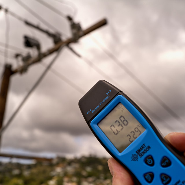 The cables running by my terrace go up to 0.38 when I reach out towards them. Where I normally sit on the terrace and work on my computer, or read books, they measure at 0.09 – 0.14 µT. 