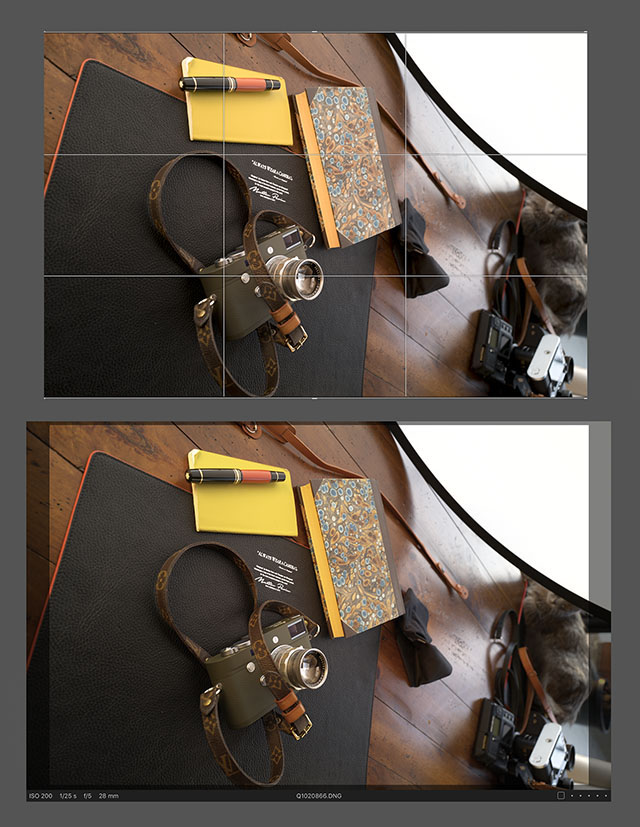 The 28mm frame (top) and how it looks when you import the photo to Capture One Pro. As you can see, you have a 24mm frame with the 28mm frame framelines marked. 