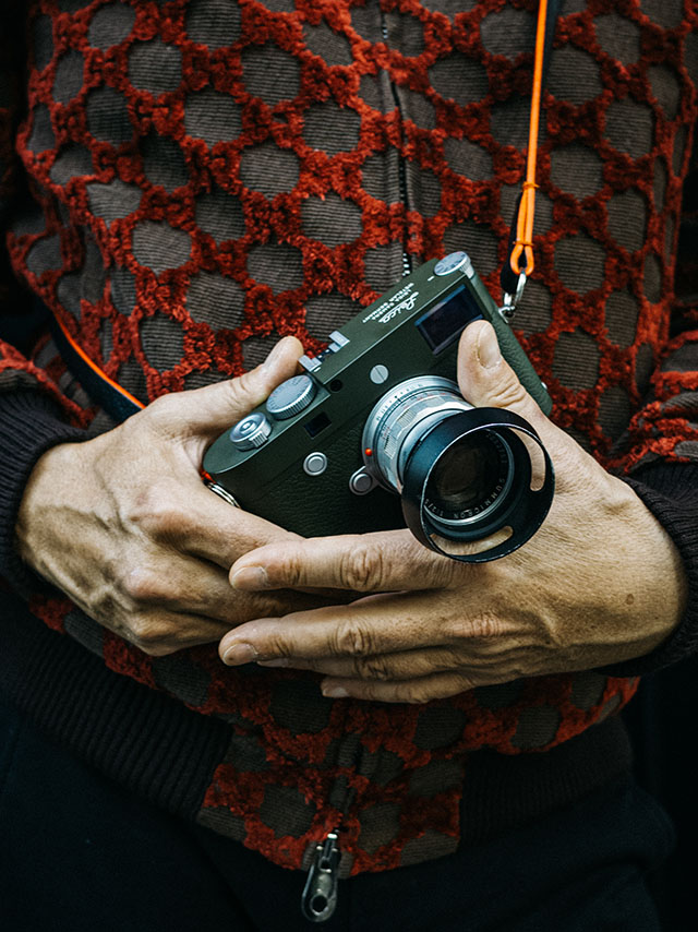 Leica M10-P Safari with "Yosemite" calfskin leather camera strap. Photo by Ray Kachatorian. Custom jacket by Matteo Perin.