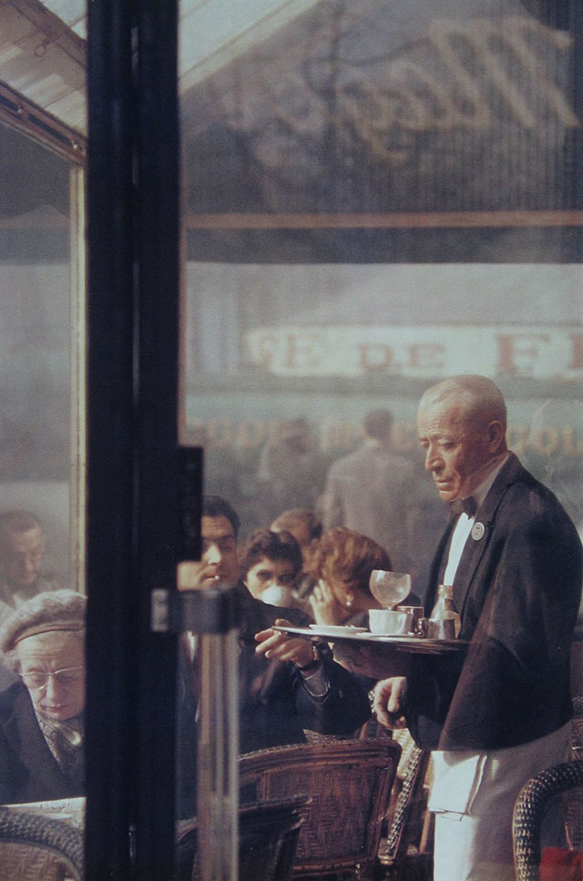 Color photos by Saul Leiter, "Cafe Les Deux Magots in Paris, 1959". 