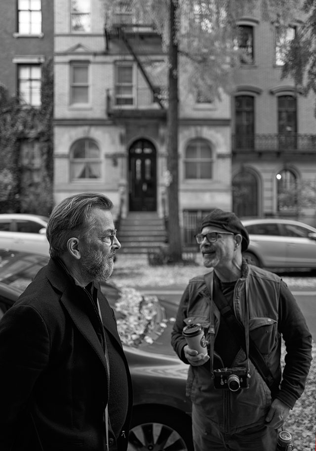 Thorsten Overgaard and writer William Clements hanging out on street corners in New York. In "the magic street" in New York (which happens to be conveniently next to a good coffee place), and the light is just about the time of the day when it will be perfect in a few minutes. Photo by Tim Furlong. Leica Q2. 
