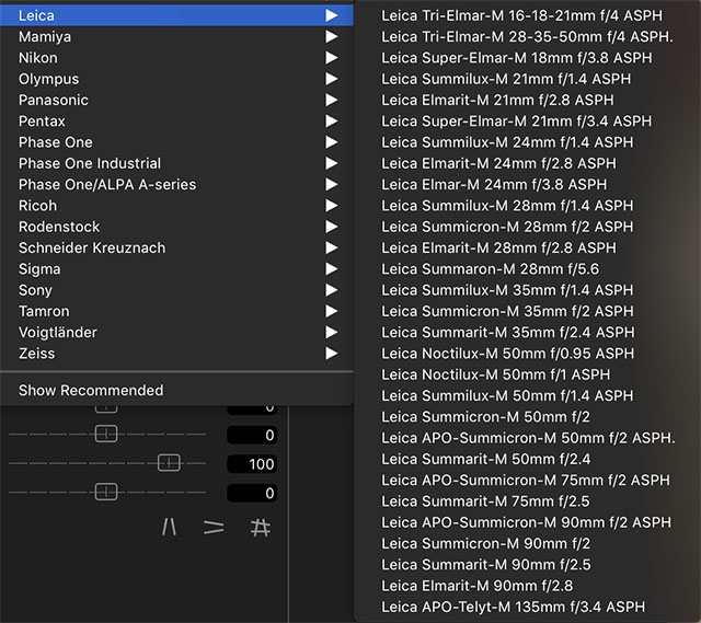 Capture One supports almost all Leica M lenses. These are the lens-correction profiles available when you use the Leica M10 proffile. Another set shows up if you use the Leica SL, or the Leica TL2. 