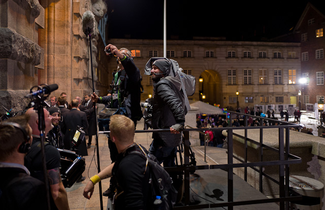 The television crew doing selfie's while waiting for the Prime Minister in front of the Danish Parliament. Leica Q. (800 ISO, f/1.7, 1/60 second). © 2015 Thorsten Overgaard. 