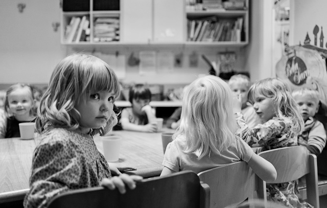 Lunchtime in a kindergarten in Copenhagen, Denmark. Leica Q (800 ISO, f/1.7, 1/640 second). Converted to black & white from the DNG in Lightroom. 
