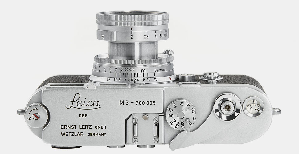 A Leica M3 film rangefinder model. This one was auctioned in in 2019 for $408,000 as it is considered one of the very first in existence of that historic model that went into production in 1954. A normail Leica M3 model, that is not a collectors item, sells in the range of $1,000 to $2,000.