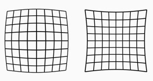 Lens distortion looks like this. The lines are not straight. Our eye uses distortion correction. Lens designers can design lenses so they have very little distortion, or they can make less complicated lens designs and "fix" the distortion in software.