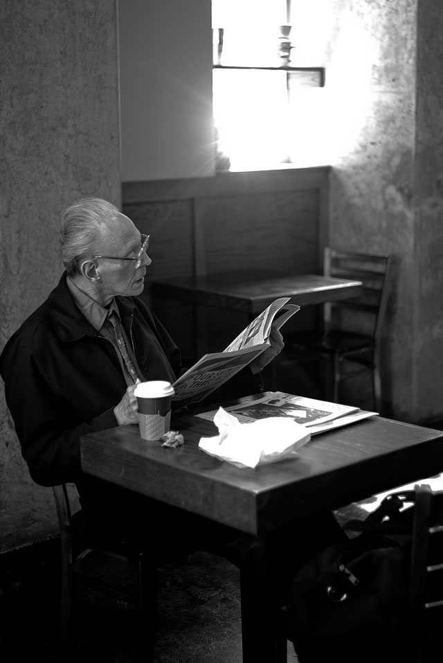 When in San Francisco I was editing Sunday afternoon and wanted to walk on the other side of the street to get a coffee. On my way out the door I though that I should grab my camera, after all I keep saying "always wear a camera" so I should do it my self, even for a four minute trip.  Walking into the café I see this image and shoot three frames of it while they prepare my coffee. And there you have it, a good example of why you should always wear your camera, even for a short walk to the other side of the street. Leica M9 with 50mm Summicron-M f/2.0 (Verision II).