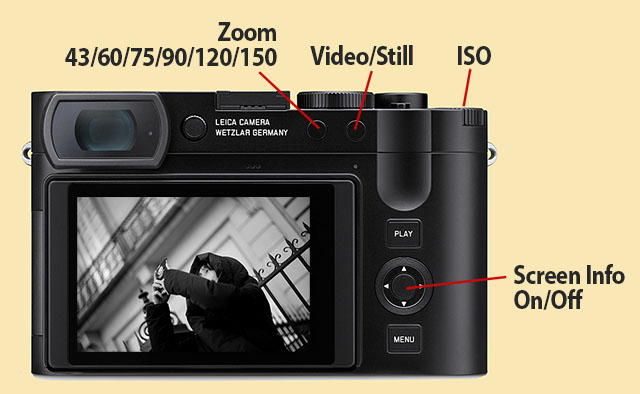 The pre-assigned buttons for controls on the Leica Q3 43 APO are set for zoom, video/still, and ISO. The center button turns off screen info (clean picture as in above), and another click turns on all information, histogram, etc.