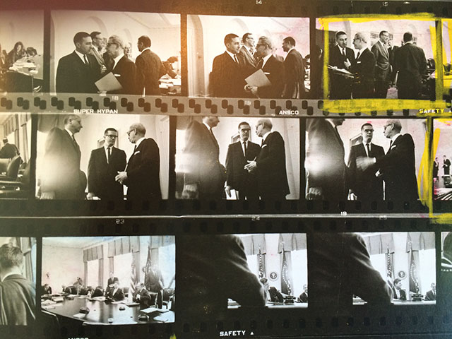 I have been wanting the Magnum Contact Sheets for a while. I finally got it sent to me, and in reading it, I stumbled over some unublished Cornell Capa images from The White House from 1961. In the images I recognized JFK speechwriter Ted Sorensen (1928-2010) who was a good friend of mine. I mailed them to his wife and daughter, and his wife could tell that Ted Sorensen is seen talking to Arthur Goldberg, the secretary of labor under JFK, US ambassador to the UN, and Supreme Court Justice.