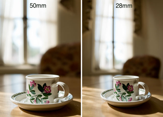 Perspective distortion: Comparing these two photographs you can see how the cup stretches in the 28mm wide angle photograph compared to the 50mm photograph. Both actually has a little stretch because both the cup is in the edge of the frame in both photographs. © 2017 Thorsten Overgaard.
